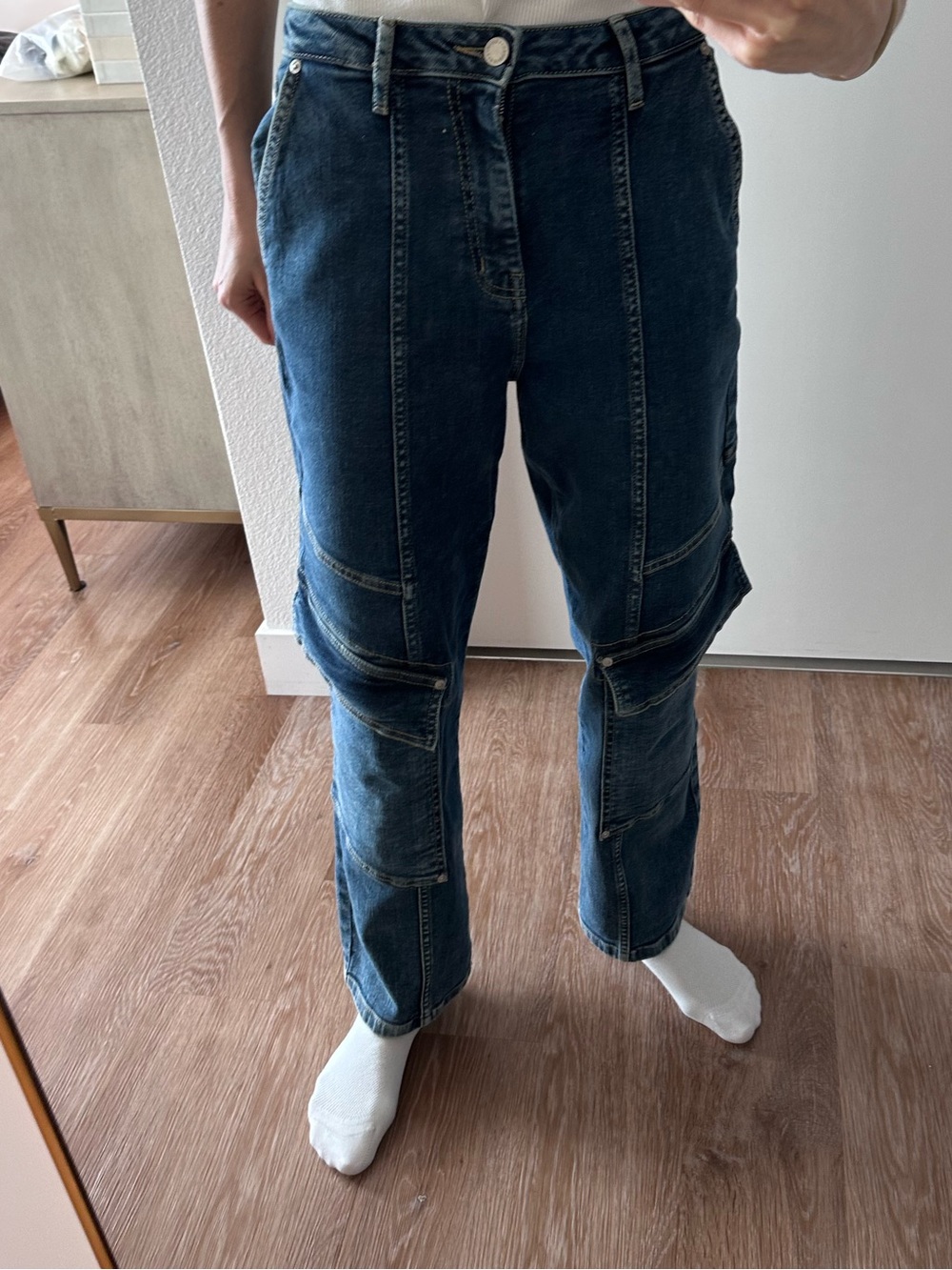 Avec Les Filles Utility Cargo Straight Leg Jeans Size 27 High Rise Stretch Denim